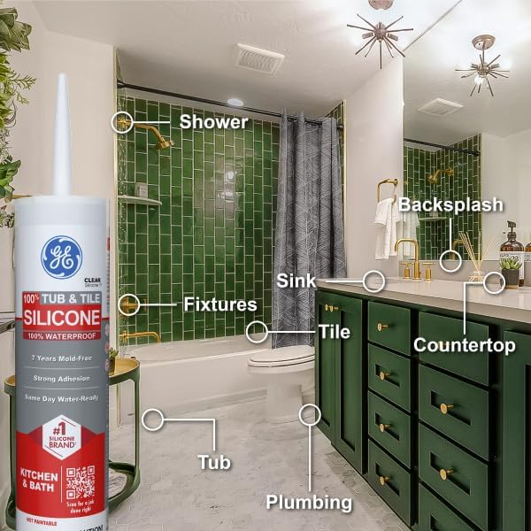 GE Tub and Tile Silicone Caulk for Kitchen and Bathroom -100% Waterproof Silicone Paste, Excellent Flexibility, Shrink and Crack Resistant - 10oz Cartridge, Clear, Pack of 12