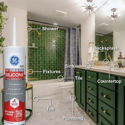 GE Tub and Tile Silicone Caulk for Kitchen and Bathroom -100% Waterproof Silicone Paste, Excellent Flexibility, Shrink and Crack Resistant - 10oz Cartridge, Clear, Pack of 12