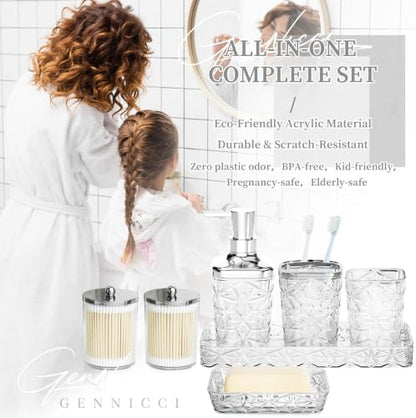 Bathroom Accessory Set, 7 Pcs White Bathroom Accessories Set, Acrylic Soap Dispenser and Toothbrush Holder Set, Qtip Holder Set, Bathroom Sink Set, Gift for Home Apartment