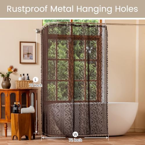 WAZZIO Brown Lace Shower Curtain for Bathroom 72" W x 72" L, Victorian Farmhouse Floral Pattern Tassel Fancy Shower Curtain Boho Washable Cloth Decorative Bath Curtains,1 Panel
