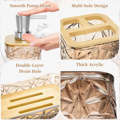 Bathroom Accessory Set, 7 Pcs Brown Bathroom Set, Acrylic Soap Dispenser and Toothbrush Holder Set, Qtip Holder Set, Bathroom Sink Set, Gift for Home Apartment