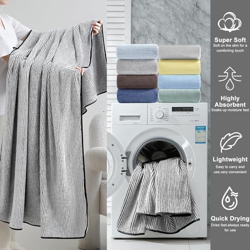 2 Pack Striped Microfiber Bath Towels, 27 x 55 Inches Large Quick Dry Absorbent Shower Towel Set, Minimalist Thin Stripe Soft Lightweight Decorative Linen for Bathroom Spa Gym Beach Travel