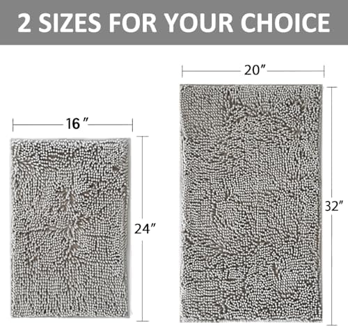 Bathroom Rugs Sets 2 Piece Plush Chenille Bath Rugs Non-Slip Bath Mats Absorbent Shaggy Rugs,Bathtub Mat, Gray Pet Dog Mats,Washable Bathroom Carpet for Tub, Shower, Washroom- 32x20 + 24x16 Inch