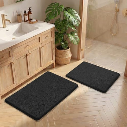 Bcoimo Bath Rug Mat Set, 2 Piece High Absorbent Chenille Bathroom Mat Black