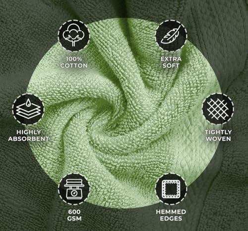 Avalon Towels Luxury 8 Piece Sage Green Towels Set, 2 Bath Towels, 2 Hand Towels and 4 Washcloths, 600 GSM 100% Ring Spun Cotton Highly Absorbent Towels, Ideal for Hotel, Spa and Gym