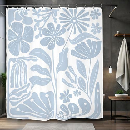 Light Blue Matisse Flower Shower Curtain 60Wx72L Inch Abstract Retro Aesthetic Minimalist Vintage Art 70s Modern Bathroom Set Accessories Decor with 12 Pack Hooks