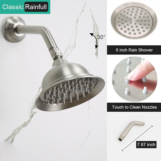 Dual Rain Shower Head System with Handheld Antique Faucet Set | Brushed Nickel Finish, Multi-layer Plating, Vintage Rainfall, 3 Way Diverter Brass Valve with Trim Kit, Easy Install