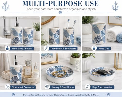 4-Piece Ceramic Bathroom Accessory Set, Blue Coastal Coral Design Soap Dispenser, Toothbrush Holder, Tumbler and Soap Dish, Ocean Sea Fan Bathroom Countertop Decor