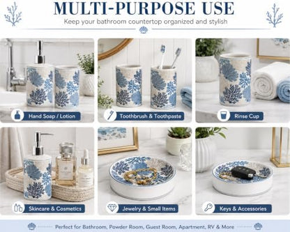 4-Piece Ceramic Bathroom Accessory Set, Blue Coastal Coral Design Soap Dispenser, Toothbrush Holder, Tumbler and Soap Dish, Ocean Sea Fan Bathroom Countertop Decor