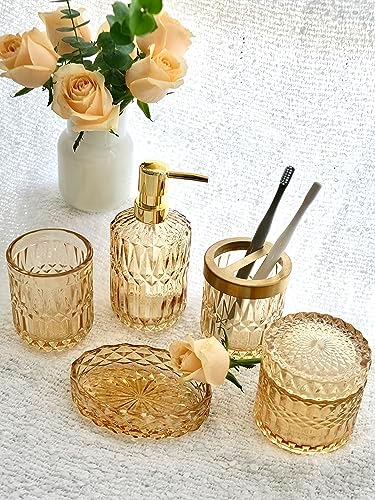 LaMarriti Clear Gold Bathroom Accessorries Set, 5Pcs Glass Bathroom Set