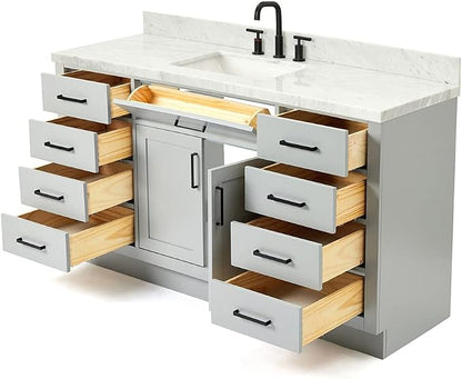 ARIEL Hepburn 60-inch Bathroom Vanity with Sink,Solid Wood, 1.5-inch Italian Carrara Marble Countertop, Single Rectangular Porcelain Sink, 2 Soft Closing Doors, 9 Dovetail Drawers, Grey