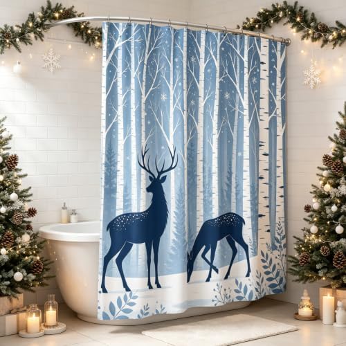 Deer Birch Tree Shower Curtain Winter Woodland Forest Bath Curtain 60x70in