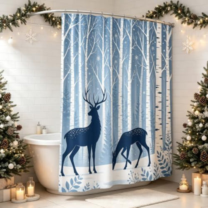 Deer Birch Tree Shower Curtain Winter Woodland Forest Bath Curtain 72x72in