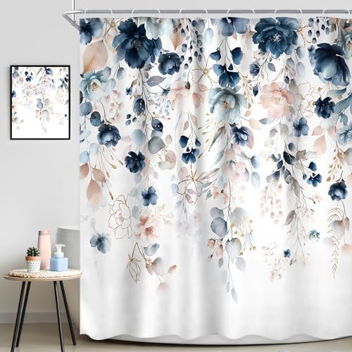 Blue Pink Floral Watercolor Wildflower Rustic Bathroom Shower Curtain Set