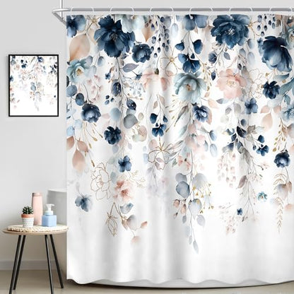 Blue Pink Floral Watercolor Wildflower Rustic Bathroom Shower Curtain Set