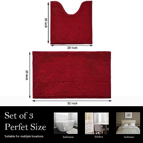 Bathroom Rugs Chenille Bath mat 2 Piece Set, Super Absorbent, Strong PVC Non Slip Backing, Bath mats for Bathroom, Plush Shaggy, Thick, Machine Washable, Bathtub, Toilet.(Burgundy)
