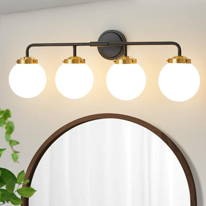 Black Gold Bathroom Light Fixtures Above Mirror, Modern Vanity Lighting with White Glass Globe Shade 4-Light Farmhouse Wall Sconce