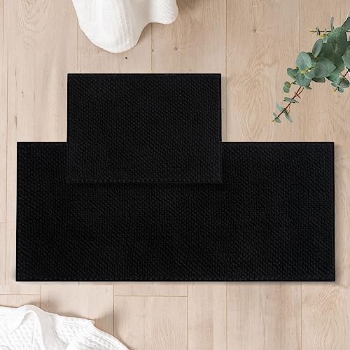 FRESHMINT Chenille Bath Rugs Set 2 Pieces, Black, 17''x24''+20''x47''