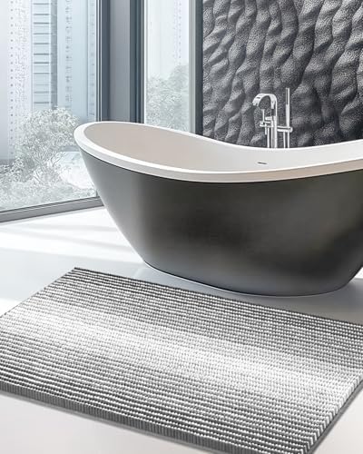 BSICPRO Large Chenille Bathroom Rugs, 24x43 Striped Bath Mats, Grey