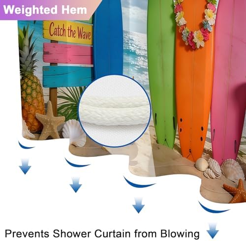Summer Hawaiian Waterproof Shower Curtain with Hooks, Tropical Hawaiian Beach Shower Curtain with Weighted Bottom & Metal Grommets, Machine Washable Coastal Shower Curtains for Bathroom, 72"W x 72"L