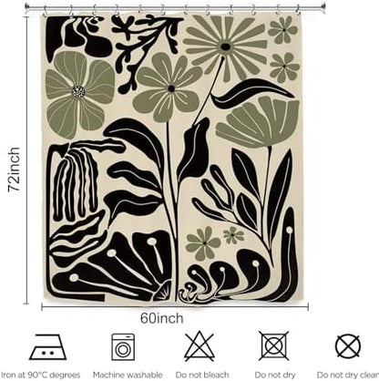 Abstract Black Sage Green Matisse Flower Shower Curtain 60Wx72L Inch Retro Vintage Aesthetic Minimalist Groovy Art 70s Trendy Modern Bathroom Set Accessories Decor with 12 Pack Hooks