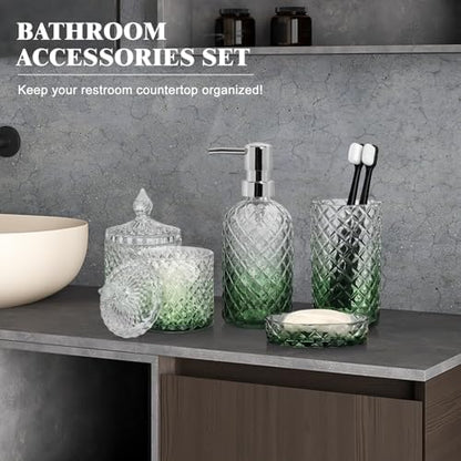 Bathroom Accessories Set, 5Pcs Bathroom Soap Dispenser Set, Glass Bathroom Accessories with Glass Soap Dispenser, Soap Dish, Toothbrush Holder, Tumbler, Cotton Swab Jar (Gradient Clear & Green)