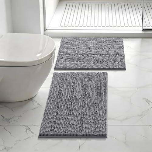 Bcoimo Bath Rug Mat Sets, 2 Piece Extra Soft Chenille Gray Bathroom Mat Set