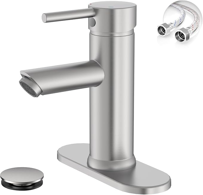 Bathroom Faucet for 1 or 3 Holes, Brushed Nickel, Brass | Single Handle Bathroom Sink Faucets, Modern Commercial Lavatory Vanity Faucet, with Deck Plate and Supply Line, Pop Up Drain