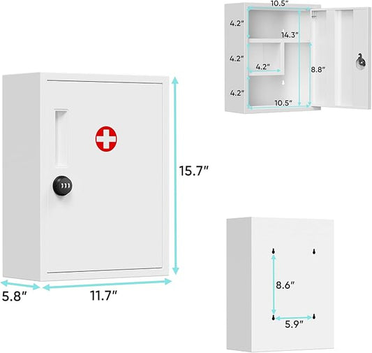 Wall Mount Locking Medicine Cabinet, Empty Metal Medicine Storage Box with All-Metal Digit Lock, Bathroom Cabinet Organizer Over the Toilet, Keyless First Aid Box for Home School Business