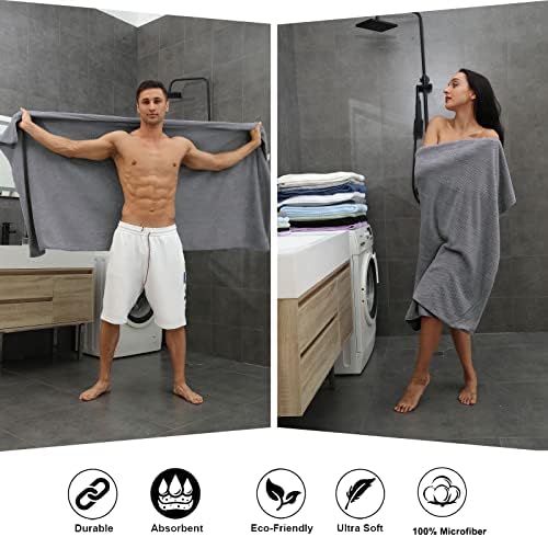 8-Piece Gray Bath Towel Set, 2 Extra Large Bath Towel Sheets, 2 Hand Towels and 4 Washcloths - Highly Absorbent Quick Dry Microfiber,Ultra Soft Towel Set for Bathroom, Waffle Weave Design, Pack of 8