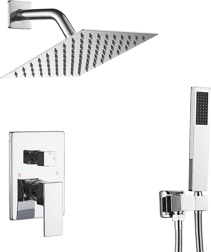 Chrome Shower System with High Pressure 8'' Rainfall Shower Head, Handheld Shower head, Bathroom Luxury Rain Mixer Shower Combo Set Wall Mounted Shower Faucet Rough-in Valve and Trim Kit
