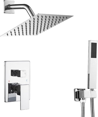 Chrome Shower System with High Pressure 8'' Rainfall Shower Head, Handheld Shower head, Bathroom Luxury Rain Mixer Shower Combo Set Wall Mounted Shower Faucet Rough-in Valve and Trim Kit