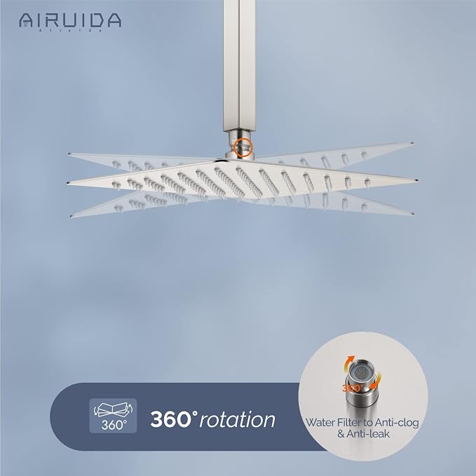 Airuida 10 Inch Brushed Nickel Shower Faucet Set,Rainfall Shower System | Ceiling Shower Head,Male Thread Rough-in Valve,Ceiling Mount,Single Handle