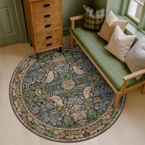 Hazo Haus Vintage 5ft Round Rug for Reading Corner, Bedroom, Farmhouse Dining Room, Soft Ultra-Thin Non-Slip Washable Rug, Forest Green Bird Floral Décor for Kitchen & Nursery