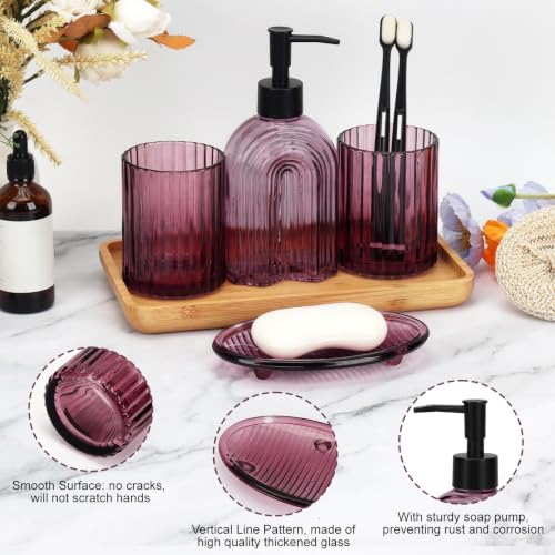 Bathroom Accessories Set, 4Pcs Glass Bathroom Accessories Set Complete, 11.6OZ Lotion Soap Dispenser, Toothbrush Holder, Mouthwash Cup, Soap Dish for Bathroom Decor, Countertop Organizer (Purple)
