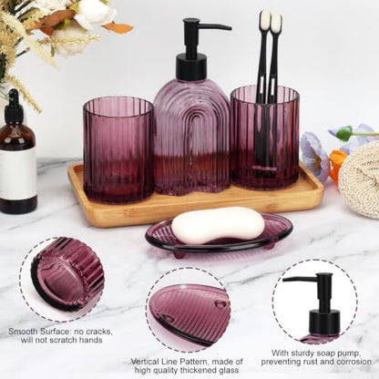 Bathroom Accessories Set, 4Pcs Glass Bathroom Accessories Set Complete, 11.6OZ Lotion Soap Dispenser, Toothbrush Holder, Mouthwash Cup, Soap Dish for Bathroom Decor, Countertop Organizer (Purple)