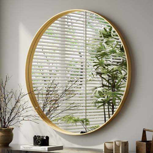 VooBang Round Bathroom Mirror 36 inch, Gold Gorgeous Deep Frame Round Wall Mirror, Modern Bathroom Vanity Mirror for Bedroom, Living Room, Hanging or Leaning, Gold