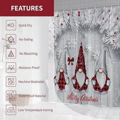 Winter Christmas Shower Curtain for Bathroom 72W*72H Inch Silver Snow Gnomes Rustic Grey Wood Plank Farmhouse Gray Xmas Balls Tree Holiday Decorations Bathtub Decor Waterproof Polyester Fabric Set
