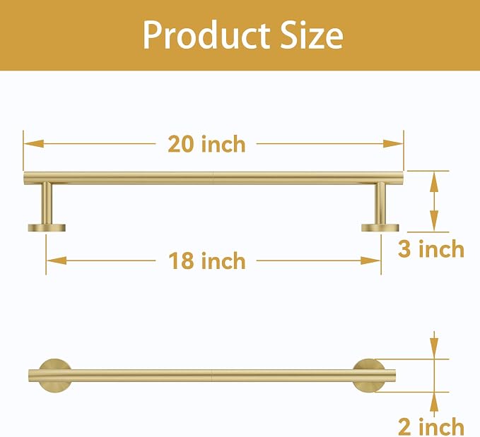 Brushed Gold Towel Bar, 18 Inch Bathroom Towel Rack | (Total Length 20-Inch), Towel Holder Wall Mounted, Thicken SUS304 Stainless Steel Towel Rod Modern Home Decor