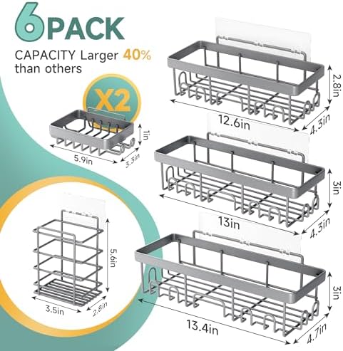 Veken 6-Pack Rustproof & Waterproof Shower Caddy, Adhesive Shelves Rack, Large Capacity Bathroom, College Dorm & Apartment Organizers, No-Drill Wall Mount Living Room & Bedroom Decor, Light Grey