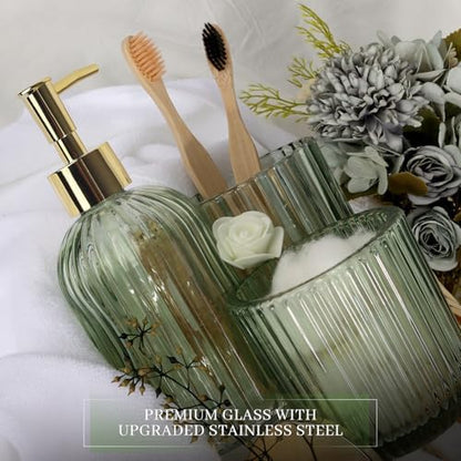 Designer Green Glass Bathroom Accessories Sets - 4 Pcs with Lotion Soap Dispenser, Bathroom Toothbrush Holder, Vanity Tray, and Apothecary Jar, Vintage Bathroom Decor