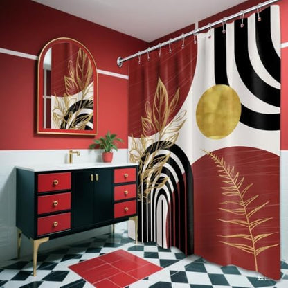Black and Red Shower Curtain, 60X72 in, Mid Century Modern Burgundy