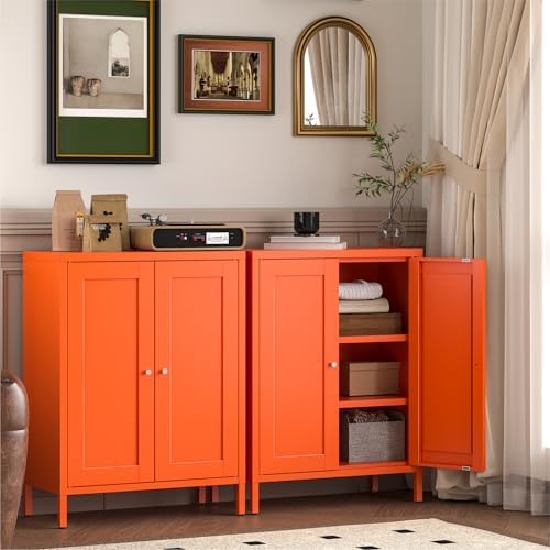 YAUWOH Metal Bathroom Storage Cabinet, Bathroom Floor Storage Cabinet with 2 Adjustable Shelves and 2 Doors,Freestanding Metal Sideboard for Small Spaces, Living Room, Dining Room,Orange