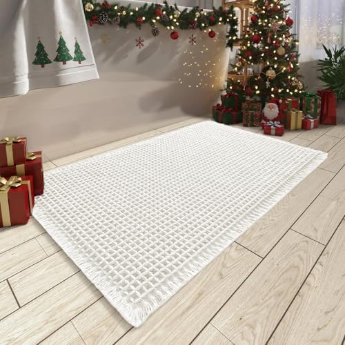 AMOAMI Upgraded Waffle Bath Mat, Super Absorbent Non Slip Bath Mats for Bathroom Floor, Machine Washable Bathroom Rugs with Tassels, Rubber Backed Bathroom Mats, Ultra Soft, 20" x 32", White