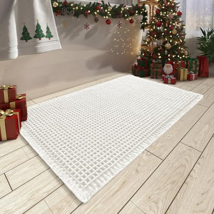 AMOAMI Upgraded Waffle Bath Mat, Super Absorbent Non Slip Bath Mats for Bathroom Floor, Machine Washable Bathroom Rugs with Tassels, Rubber Backed Bathroom Mats, Ultra Soft, 20" x 32", White