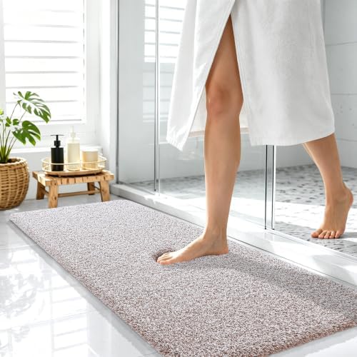 OLANLY Microfiber Bathroom Rugs 47x17, Quick Dry Bath Mat, Mocha and White