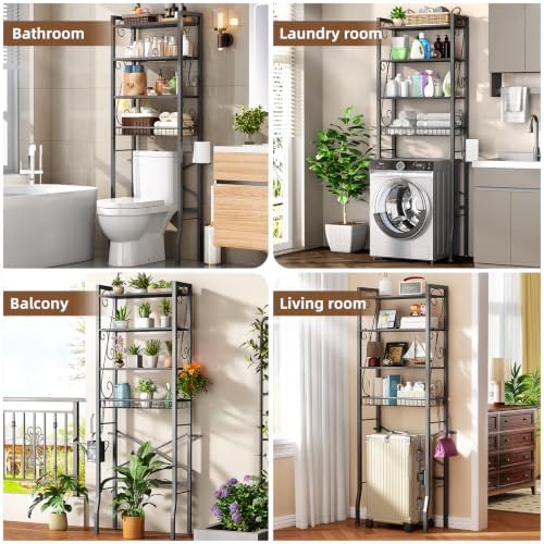 Over-The-Toilet Storage Rack 4-Tier,Bathroom Organizer Shelf Over Toilet,Adjustable Wooden Shelves and Basket,Freestanding Above Toilet Shelf,Space Saver for Rooms(Black Rack-Black Shelves)
