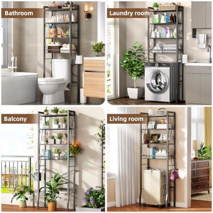 Over-The-Toilet Storage Rack 4-Tier,Bathroom Organizer Shelf Over Toilet,Adjustable Wooden Shelves and Basket,Freestanding Above Toilet Shelf,Space Saver for Rooms(Black Rack-Black Shelves)