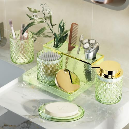 Green Bathroom Accessories Set 5Pcs Crystal Glass, Foaming Soap Dispenser with Rust Pump, Soap Dish, Cup, Acrylic Toothbrush Holder with Tray Organizer, Cotton Swab Jar, Bathroom Counter Decor