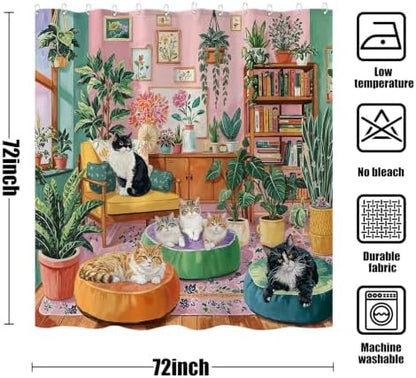 Boho Cute Cat Shower Curtain for Bathroom 72x72 Inch